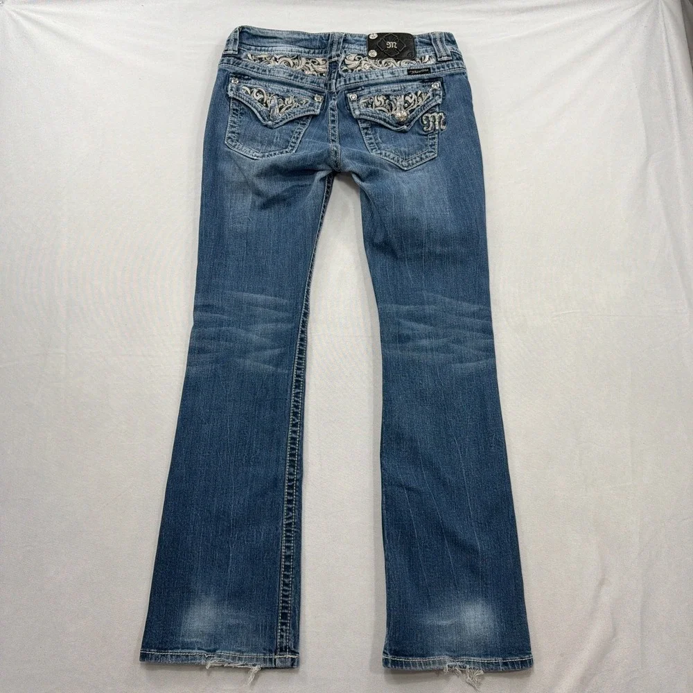 Miss Me Jeans Easy Boot Embroidered Rhinestone Blue Denim Womens 27